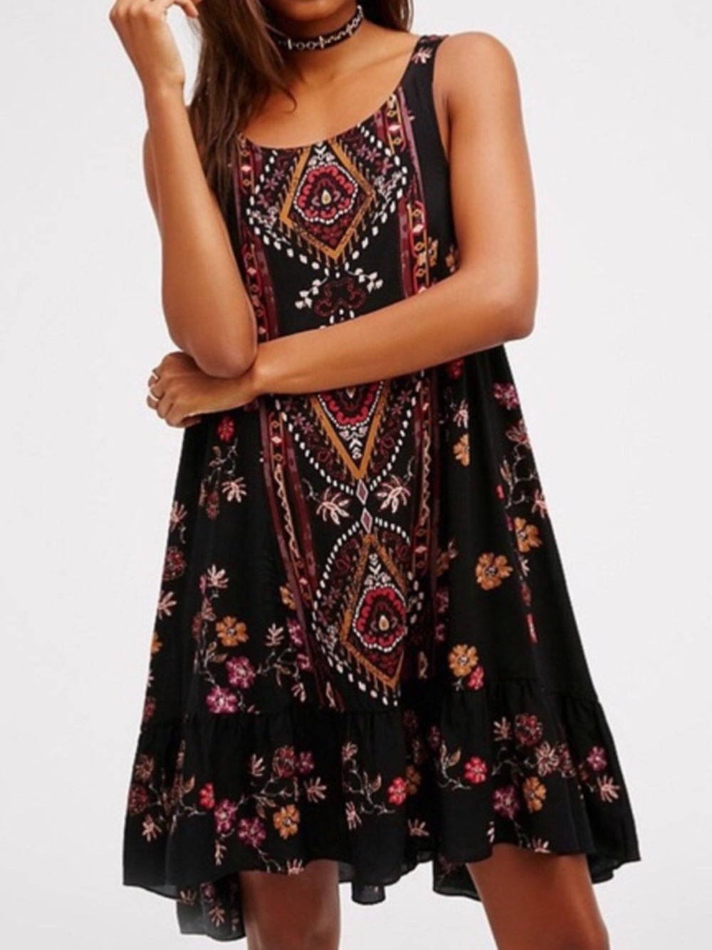 Free People Annka Black Floral Boho Print Back Cutout Trapeze Mini Dress• Small